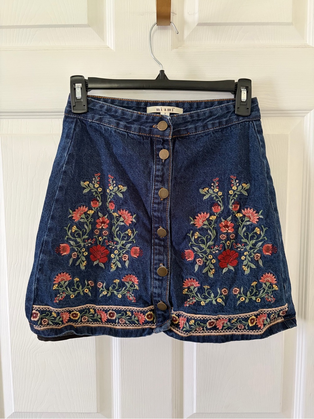 miami Dark Blue Denim Button-Front Skort with Floral Embroidery